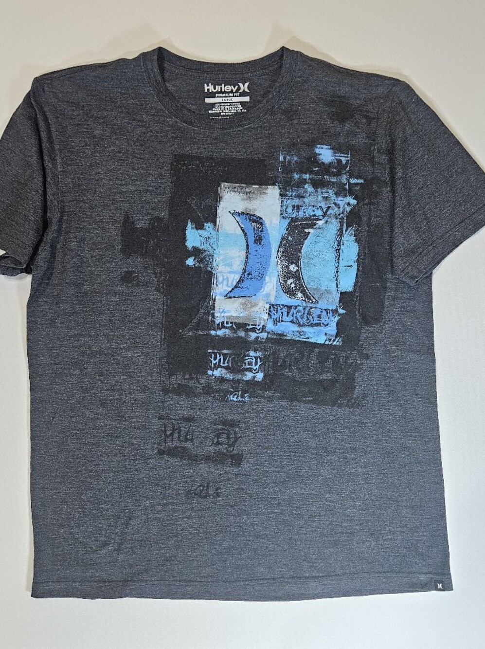 Hurley T-Shirt Mens Size Large Premium Fit Grey Blue Graphic Streetwear Tee